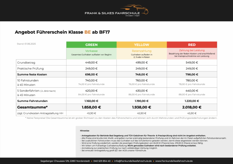 Preisliste Klasse BE von Frank und Silkes Fahrschule in Norderstedt